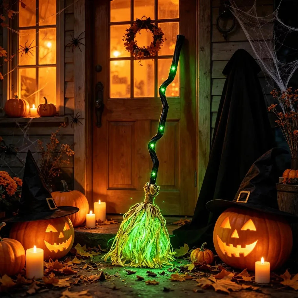 Glowing Animated Dancing Witch Broom with Sounds Bendable Stick Halloween Magic Witch Broomstick Walking Feet Movable