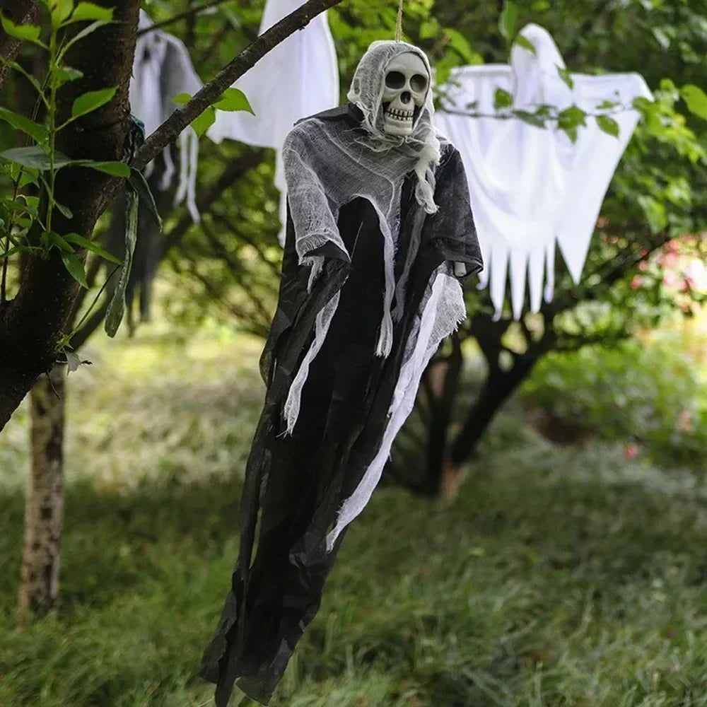Halloween Hanging Ghost Skeleton Head Tattered Gauze Ghost Pendant Horror Prop for Haunted House Door Tree Porch Decor