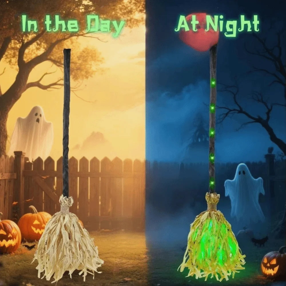 Glowing Animated Dancing Witch Broom with Sounds Bendable Stick Halloween Magic Witch Broomstick Walking Feet Movable