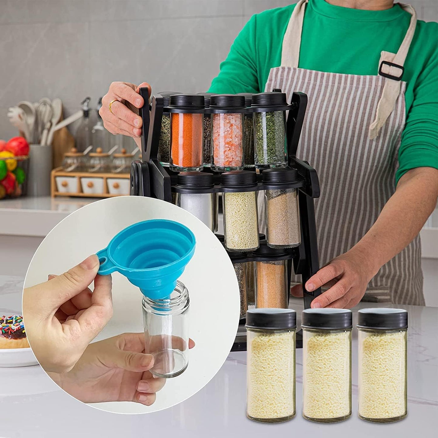 Ferris Wheel Spice Rack Set with 18 Glass Jars & Labels - 360° Rotating Seasoning Organizer for Kitchen Countertops and Cabinets, Customizable Spice Storage with Funnel & Rust-Proof Base