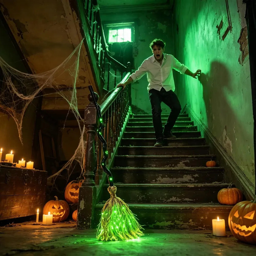 Glowing Animated Dancing Witch Broom with Sounds Bendable Stick Halloween Magic Witch Broomstick Walking Feet Movable