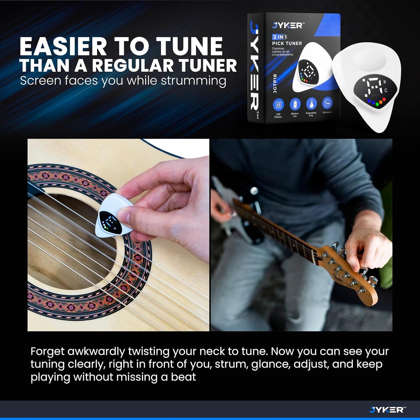 Guitar Tuner 2 in 1 Guitar Picks - Digital, LED Screen, 0.6Mm Plectrum, 12 Equal Temperaments, Precision Tuning for Electric & Acoustic Guitars, Bass, Ukulele, Violin