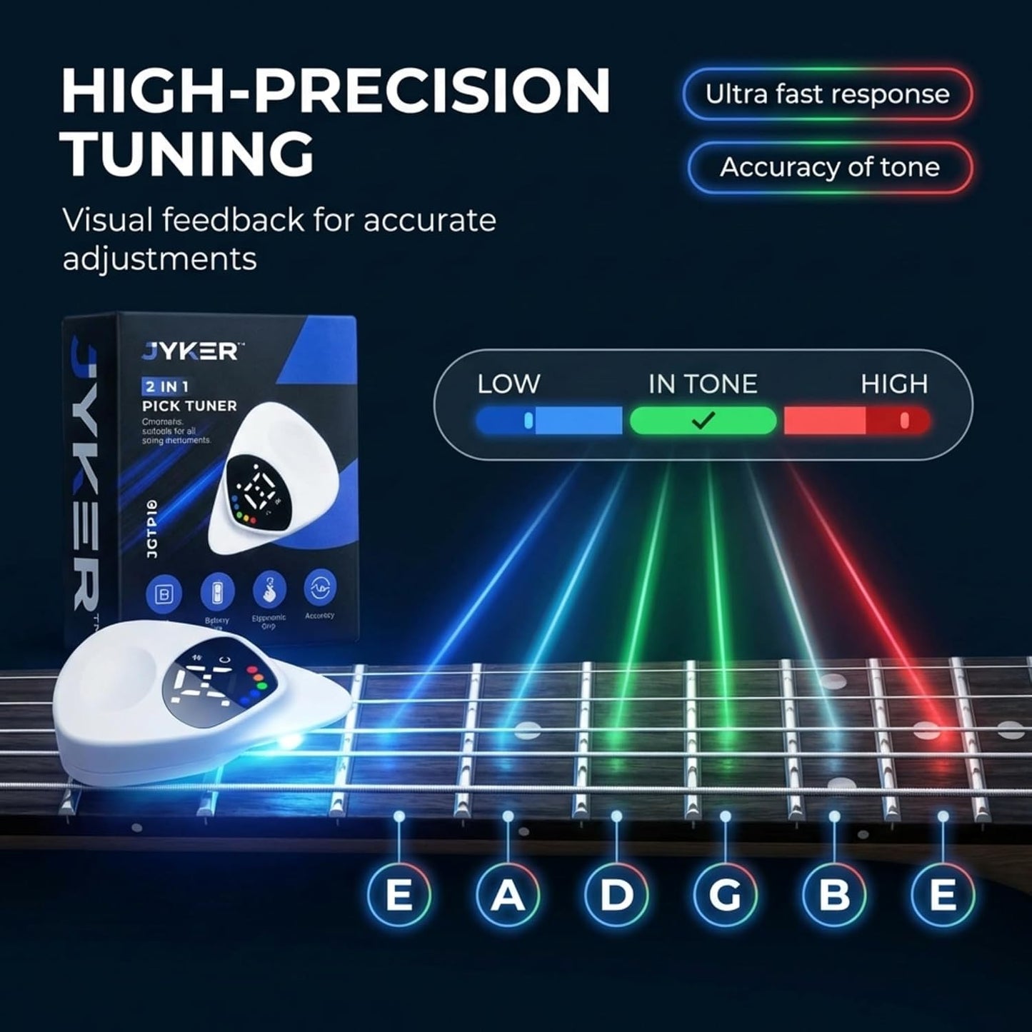 Guitar Tuner 2 in 1 Guitar Picks - Digital, LED Screen, 0.6Mm Plectrum, 12 Equal Temperaments, Precision Tuning for Electric & Acoustic Guitars, Bass, Ukulele, Violin