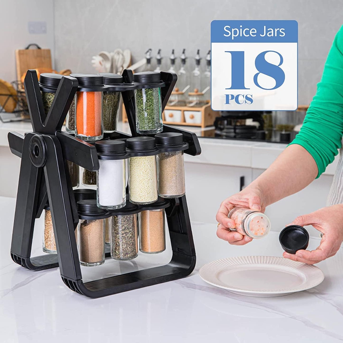 Ferris Wheel Spice Rack Set with 18 Glass Jars & Labels - 360° Rotating Seasoning Organizer for Kitchen Countertops and Cabinets, Customizable Spice Storage with Funnel & Rust-Proof Base