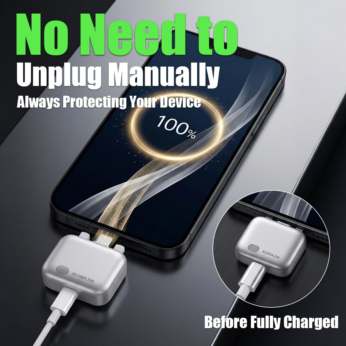 KUWAJIA 140W AI Smart Recognition Auto-Unplugger, Physical Disconnect Battery Guard, Auto-Eject on Full Charge, Fast Charging Adapter for Iphone, Android, Earphones