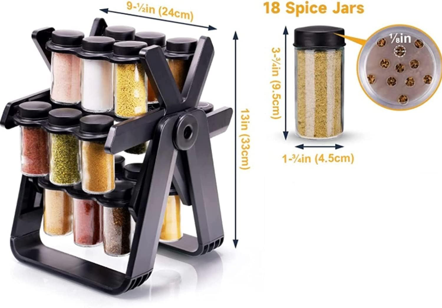 Ferris Wheel Spice Rack Set with 18 Glass Jars & Labels - 360° Rotating Seasoning Organizer for Kitchen Countertops and Cabinets, Customizable Spice Storage with Funnel & Rust-Proof Base