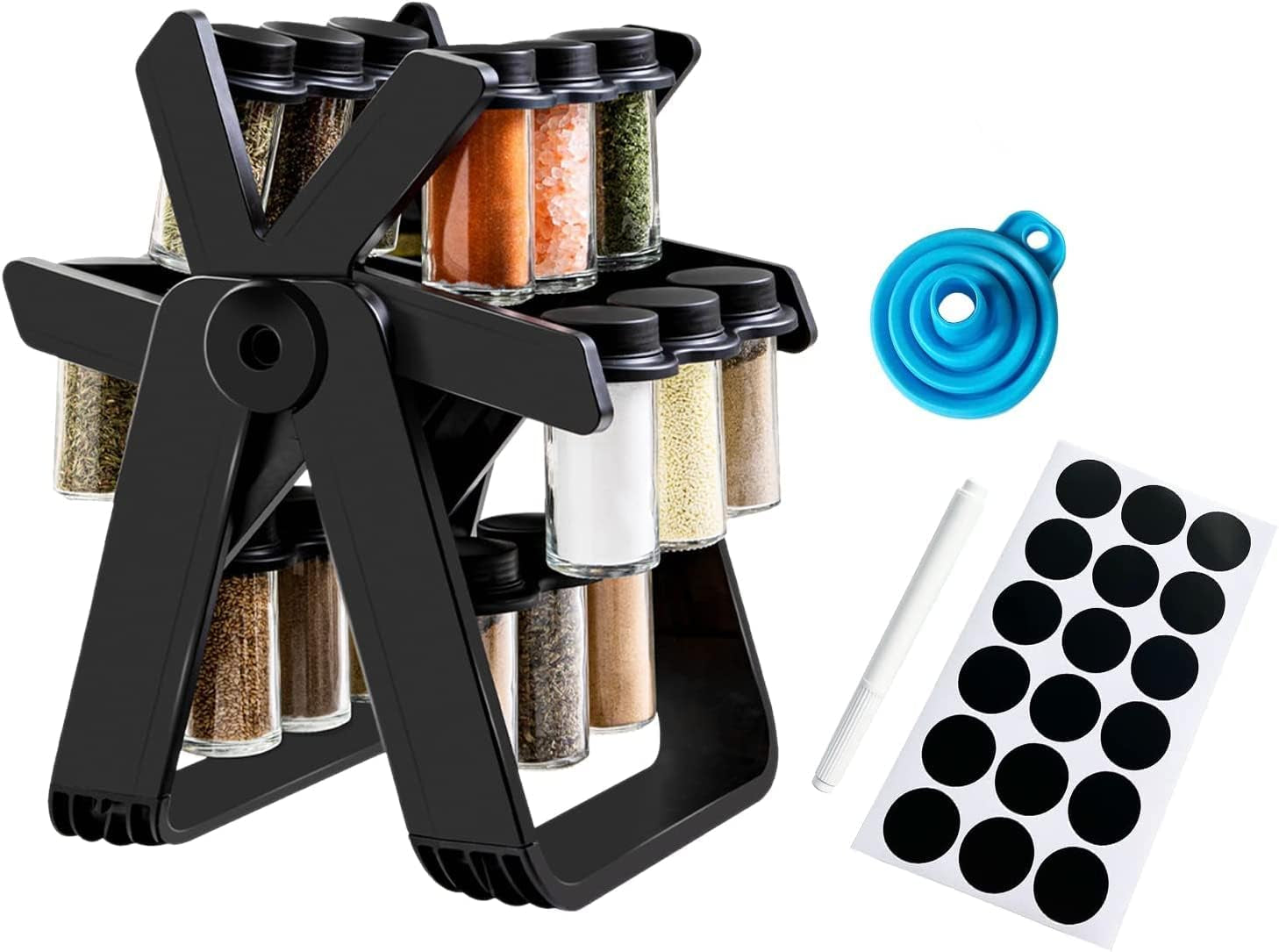 Ferris Wheel Spice Rack Set with 18 Glass Jars & Labels - 360° Rotating Seasoning Organizer for Kitchen Countertops and Cabinets, Customizable Spice Storage with Funnel & Rust-Proof Base