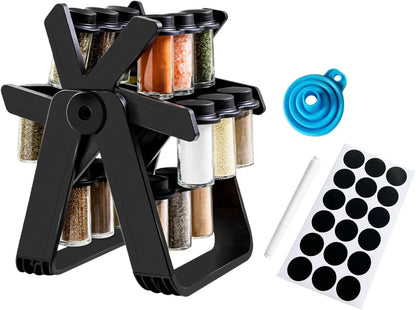Ferris Wheel Spice Rack Set with 18 Glass Jars & Labels - 360° Rotating Seasoning Organizer for Kitchen Countertops and Cabinets, Customizable Spice Storage with Funnel & Rust-Proof Base
