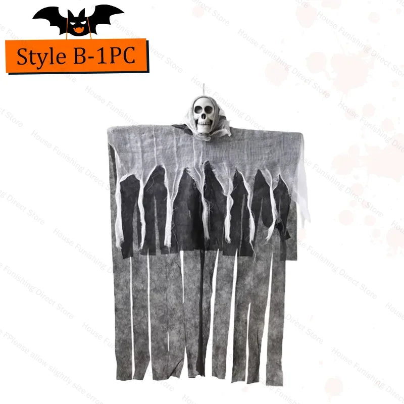 Halloween Hanging Ghost Skeleton Head Tattered Gauze Ghost Pendant Horror Prop for Haunted House Door Tree Porch Decor