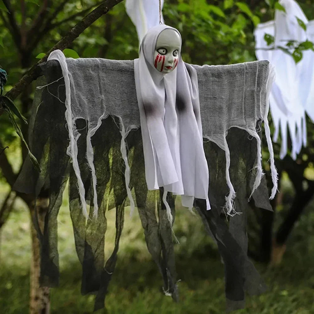 Halloween Hanging Ghost Skeleton Head Tattered Gauze Ghost Pendant Horror Prop for Haunted House Door Tree Porch Decor