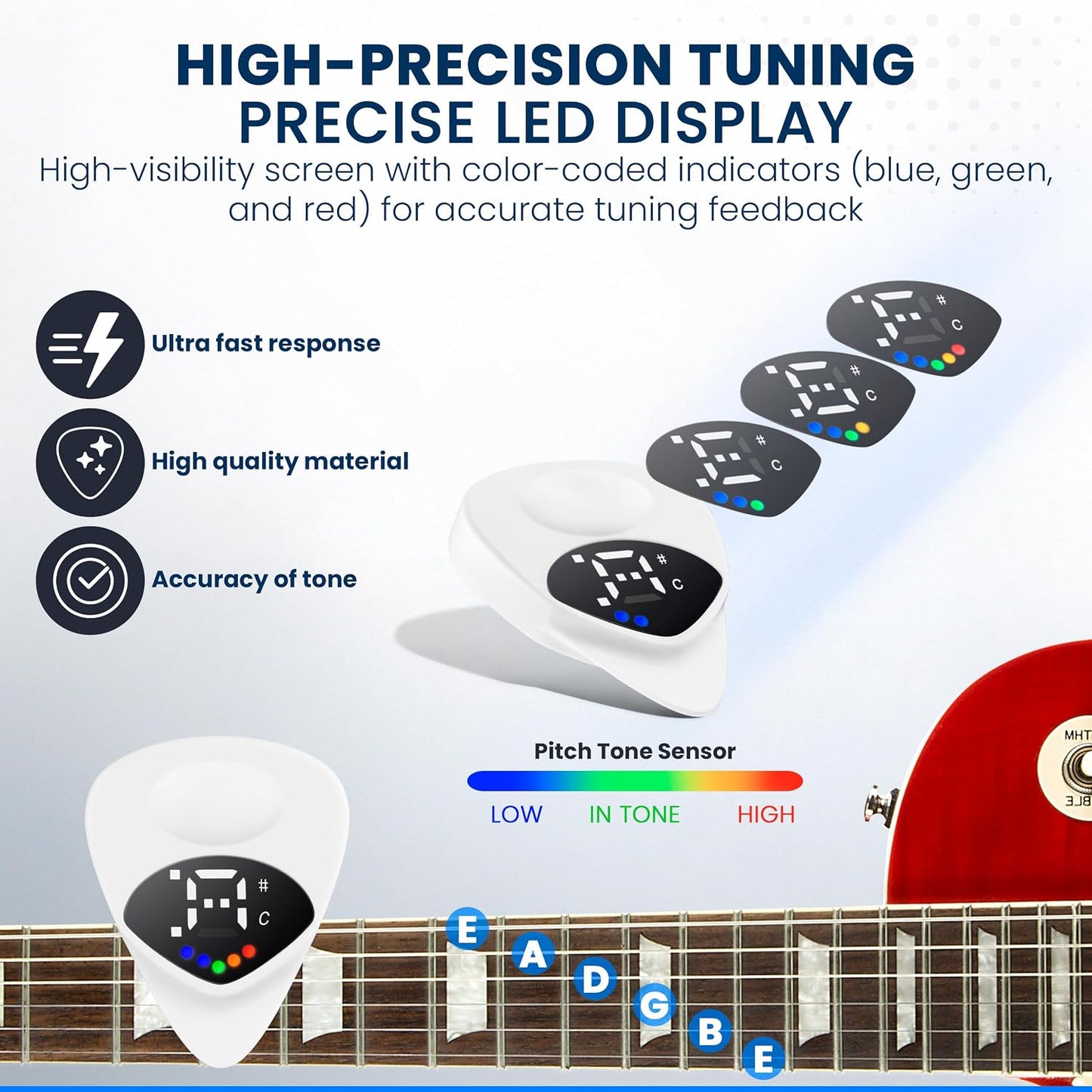 Guitar Tuner 2 in 1 Guitar Picks - Digital, LED Screen, 0.6Mm Plectrum, 12 Equal Temperaments, Precision Tuning for Electric & Acoustic Guitars, Bass, Ukulele, Violin