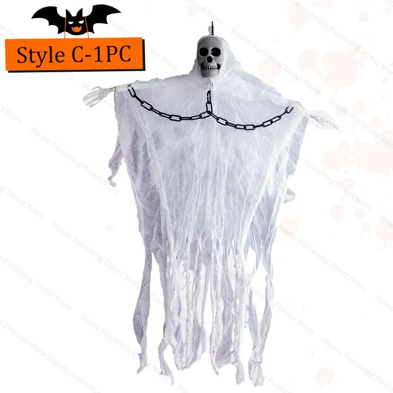 Halloween Hanging Ghost Skeleton Head Tattered Gauze Ghost Pendant Horror Prop for Haunted House Door Tree Porch Decor