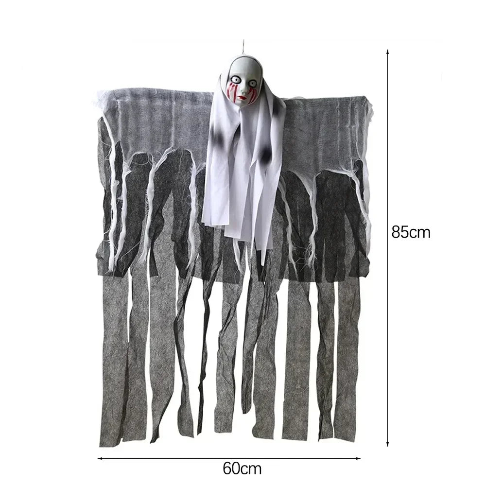 Halloween Hanging Ghost Skeleton Head Tattered Gauze Ghost Pendant Horror Prop for Haunted House Door Tree Porch Decor