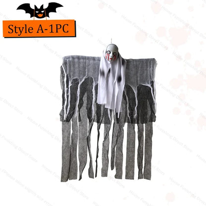 Halloween Hanging Ghost Skeleton Head Tattered Gauze Ghost Pendant Horror Prop for Haunted House Door Tree Porch Decor