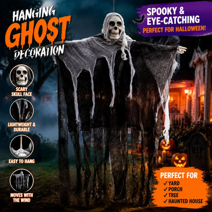 Halloween Hanging Ghost Skeleton Head Tattered Gauze Ghost Pendant Horror Prop for Haunted House Door Tree Porch Decor