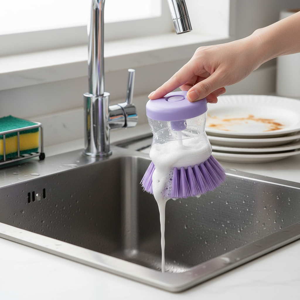 Dish brush dispensing soap in action