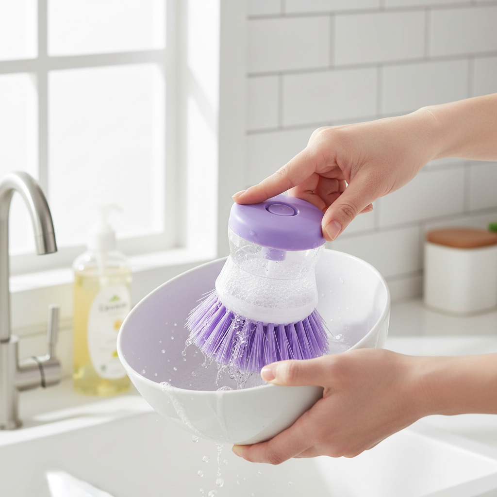 Dish brush scrubbing a ceramic bowl
