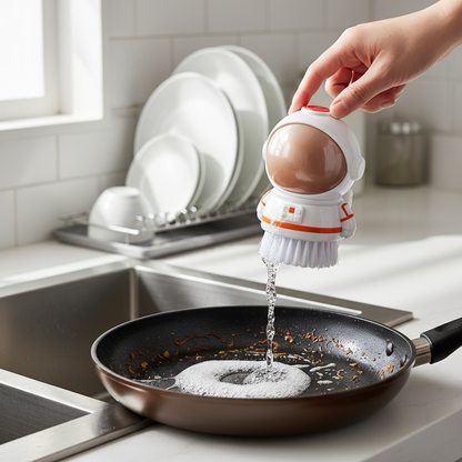Soap dispensing from astronaut brush onto pan